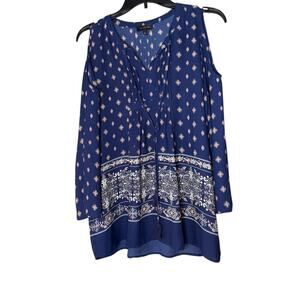 The Limited Blue Paisley Boho Blouse Shoulder Cut Outs and Tie Neck